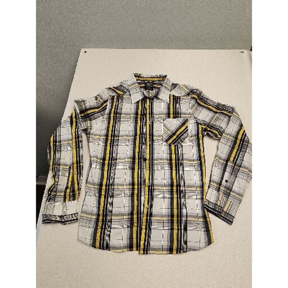 Shout House Mens Shirt Size L Grey Yellow Plaid‎ Long Sleeve Button Up Collared